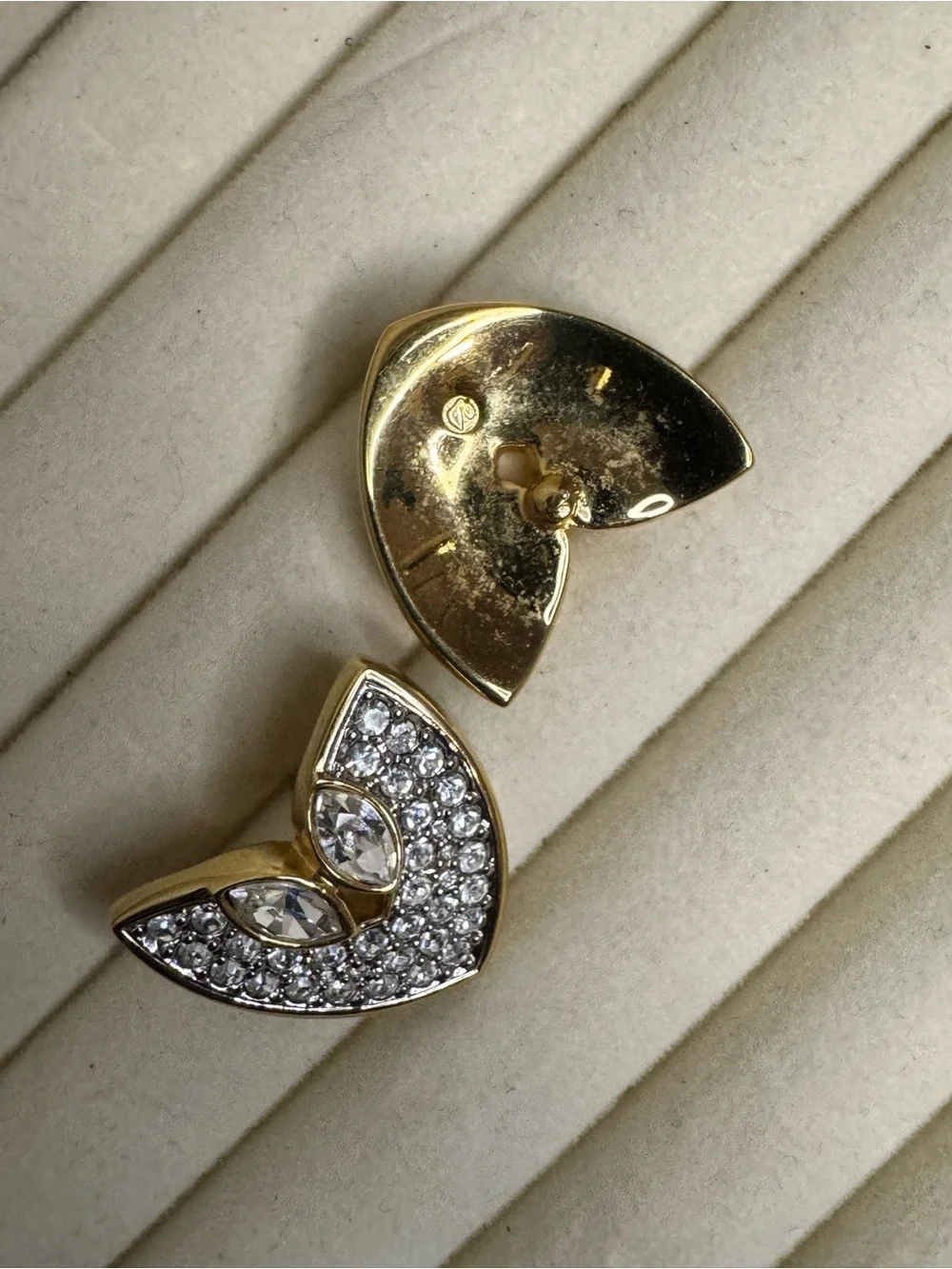 Vintage Swarovski Gold Tone Clear Crystal Pavé Fan Earrings